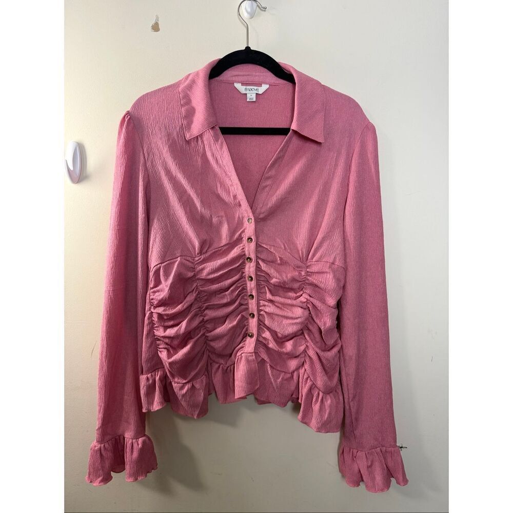 Maeve Anthropologie Pink Smocked V Neck Ruched Button Front Ruffle Blouse XL Rom